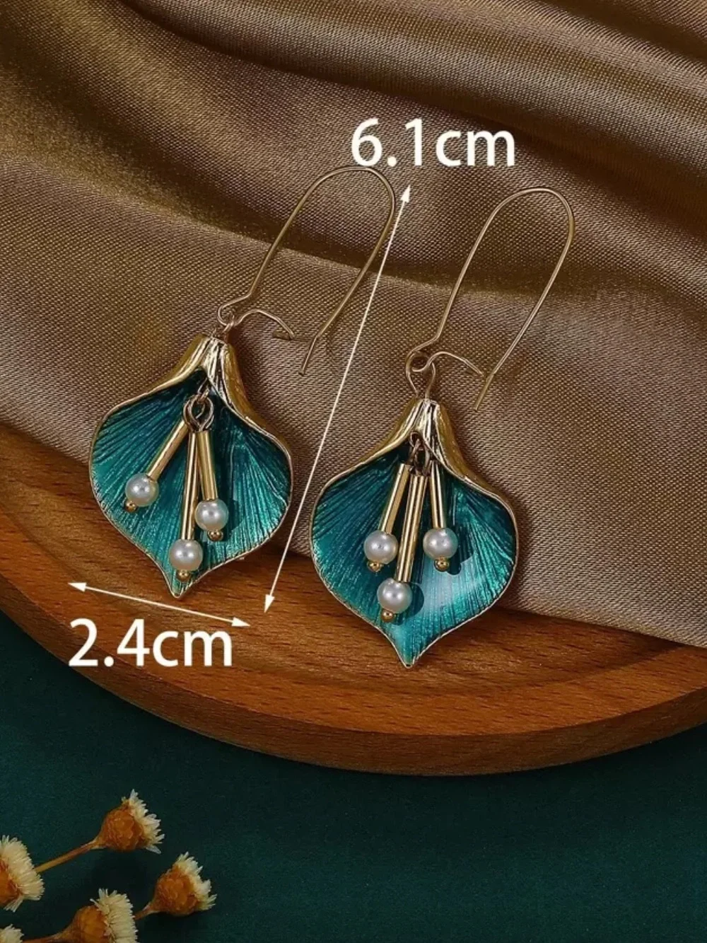 Vintage Gold & Teal Petal Drop Earrings with Pearl Dangles